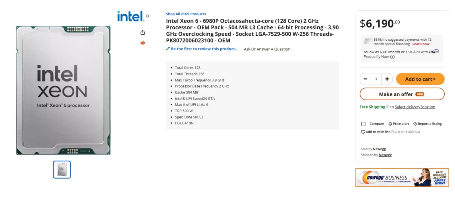 قیمت پردازنده  Xeon 6 6980P در NEWEGG