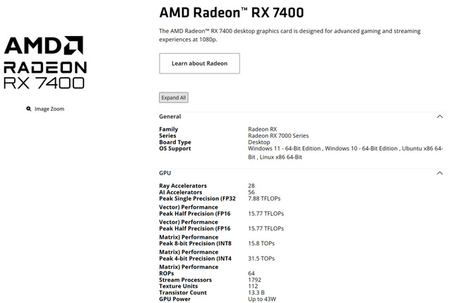 مشخصات rx 7400 در سایت amd