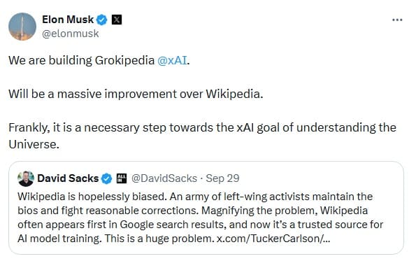 توئیت ایلان ماسک برای معرفی Grokipedia
