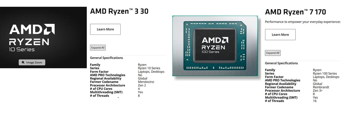 مشخصات پردازندههای جدید در وبسایت AMD