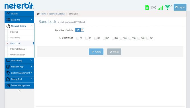 منوی تنظیم Band Lock در یک مدل نمونه مودم نتربیت