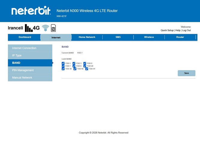منوی تنظیم Band Lock در یک مدل نمونه مودم نتربیت