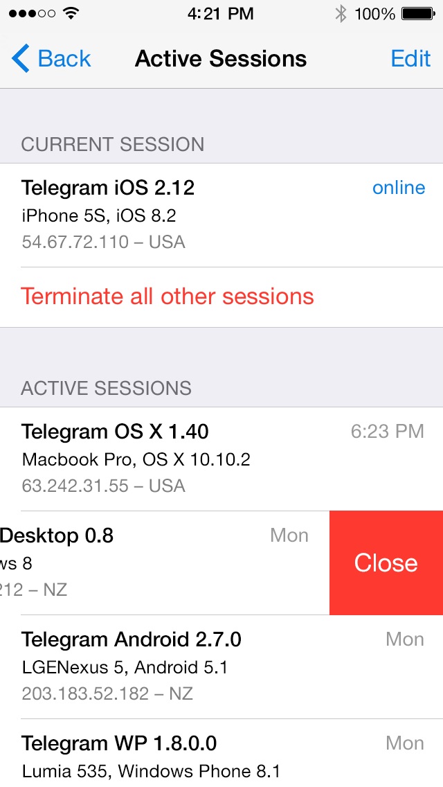 صفحه نشستهای فعال در Telegram