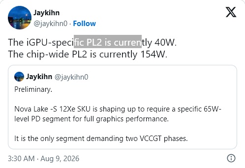 PL2 of Nova Lake 16 core processor