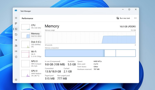صفحه مصرف رم در Task Manager ویندوز ۱۱