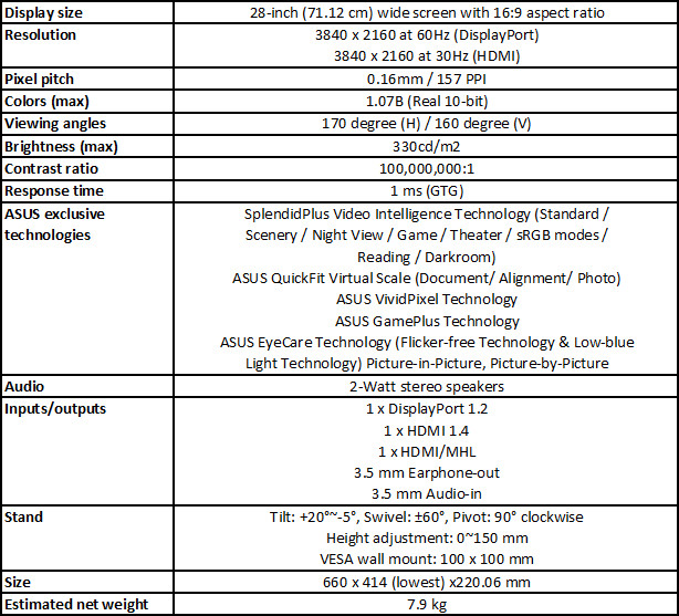 ASUS PB287Q specs